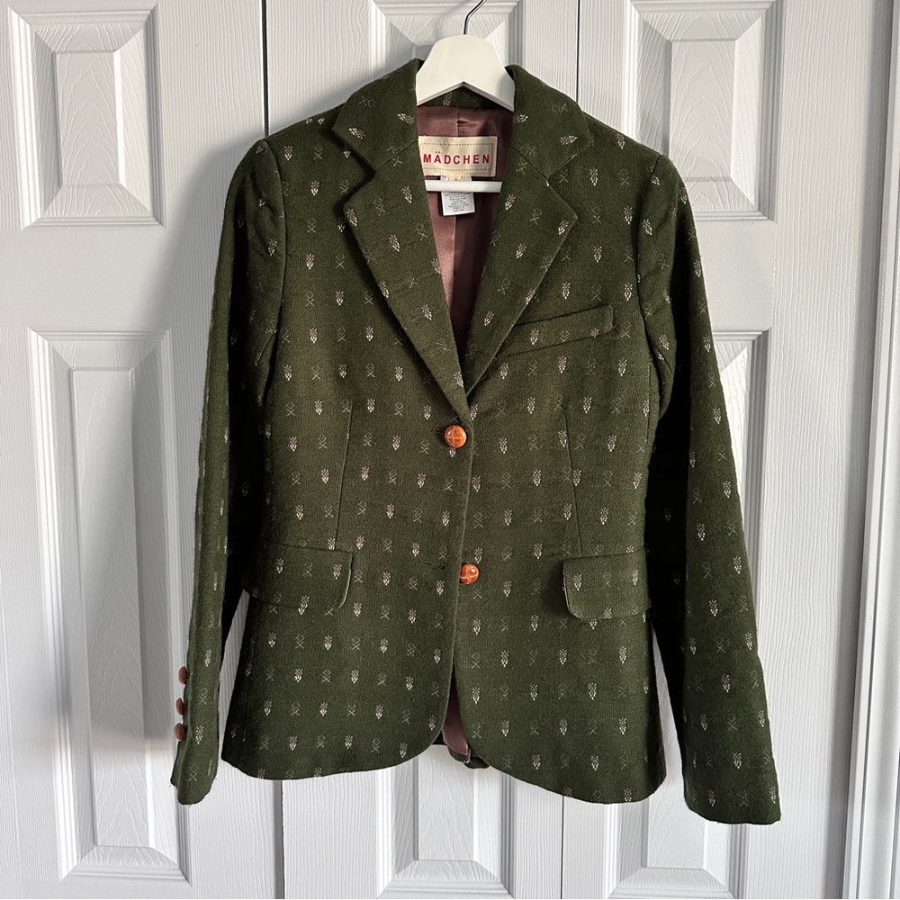 Madchen Vintage Moss Green wool  jacquard Women's slim fit Blazer S
